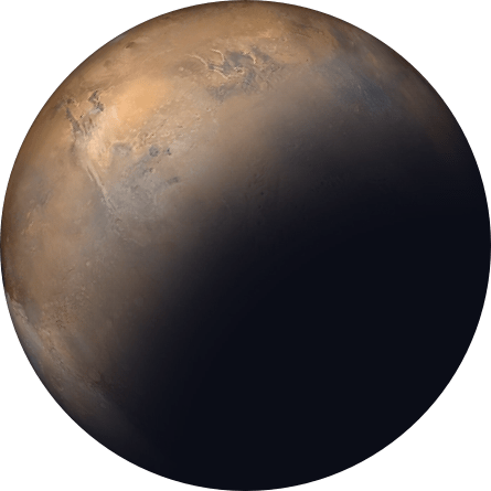 A detailed view of Mars with its distinct brown and red surface.